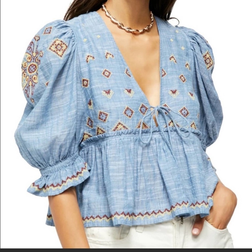 Free People Tallulah Chambray Embroidered XL NWT